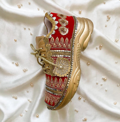 Maharani - Red Velvet Bridal Sneakers with Gold Chunky Sole