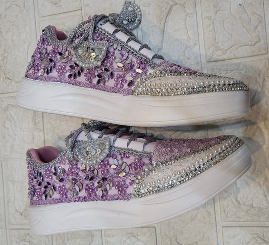 Funky N Trendy purple / lilac/ lavender embroidery work bridal sneakers/ bridesmaid sneaker / hancrafted sneakers / purple sneakers / white sneakers