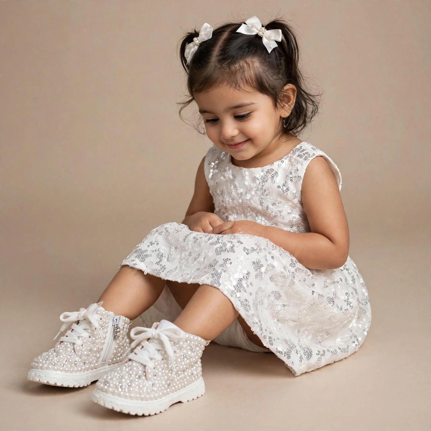 Funky N Trendy – White Pearl Bridal Boots for Baby Girls | Crystal Embellished Birthday Boots with Zipper