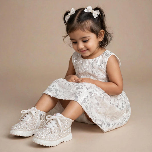 Funky N Trendy – White Pearl Bridal Boots for Baby Girls | Crystal Embellished Birthday Boots with Zipper