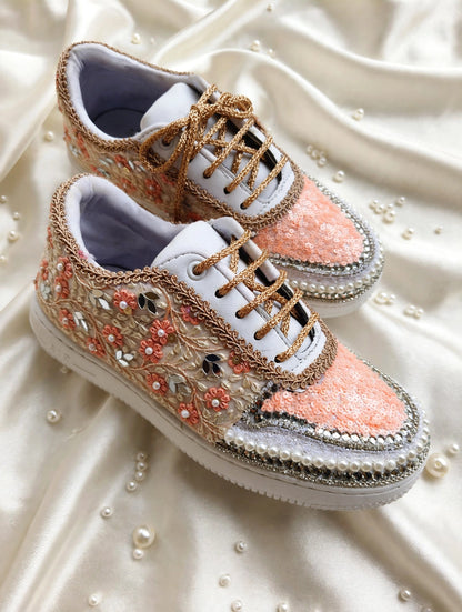 Blossom Bride Bridal Sneakers — Peach Floral Embroidered Sneakers with Pearl & Crystal Trim