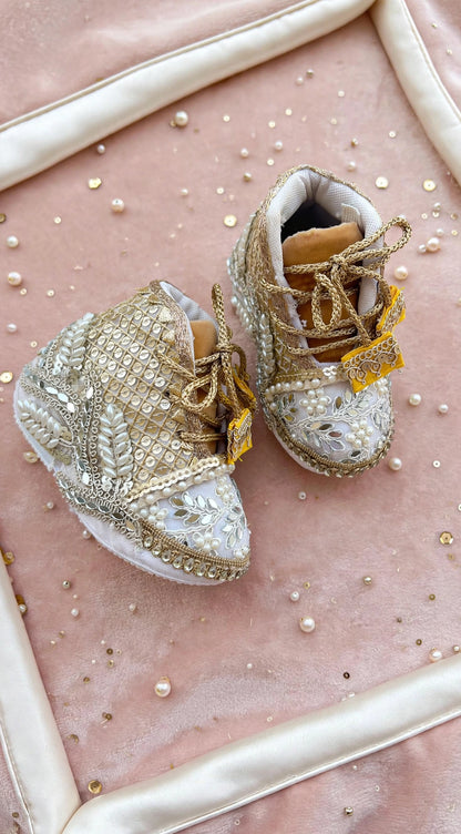 Aaira - Ivory & Gold Baby Girl Ethnic Sneakers | Pearl & Mirror Work First Birthday Shoes