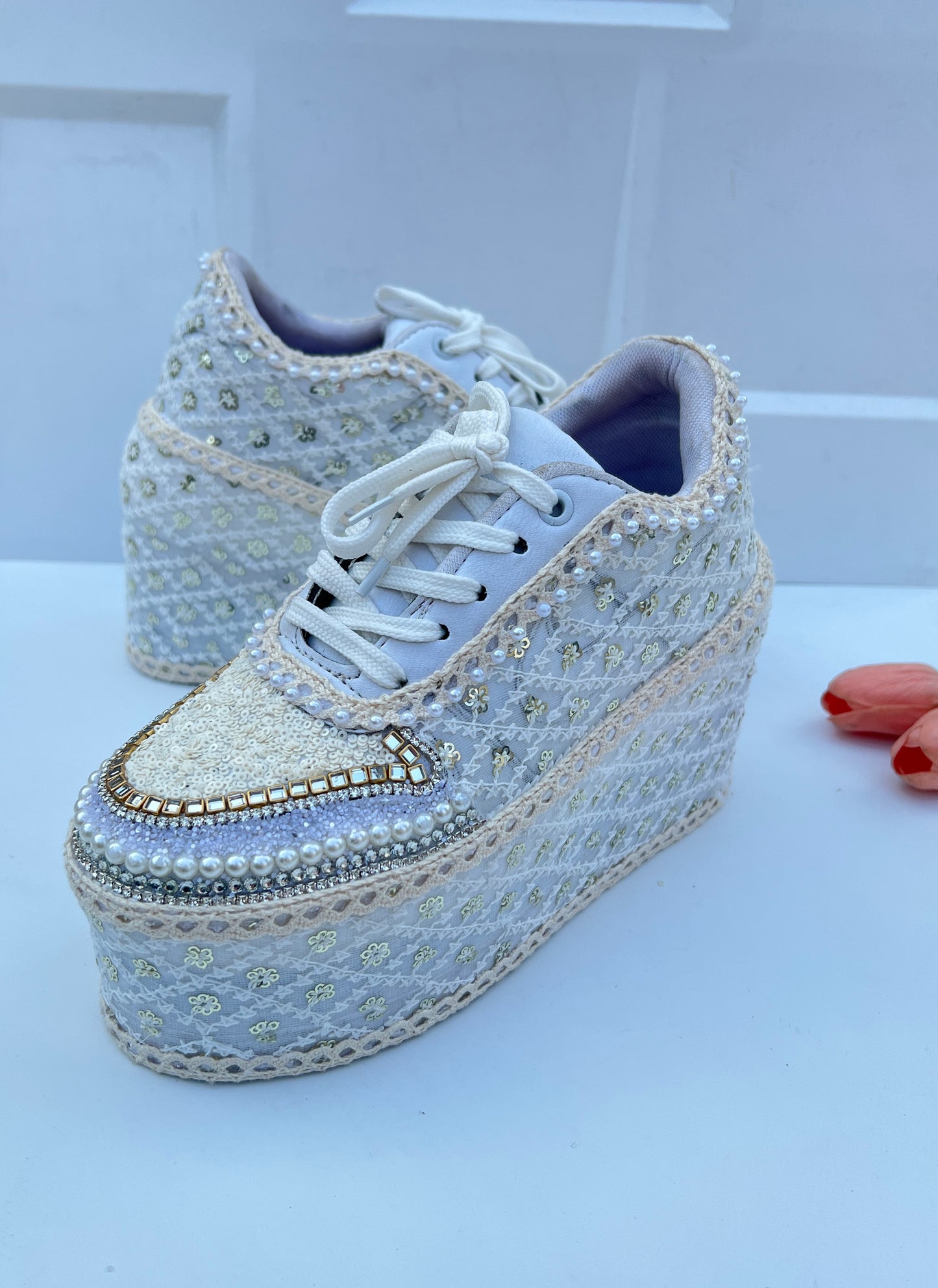 Handcrafted Bridal Sneakers for Brides – Wedding Shoes | Funky N Trendy | Ivory wedges | ivory sneakers