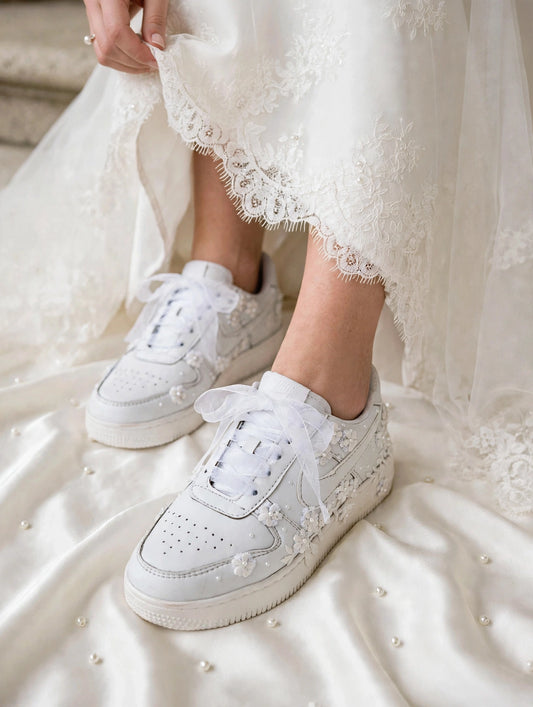 Bridal Floral Lace Sneakers | Custom White Wedding Sneakers with Pearl Embellishments