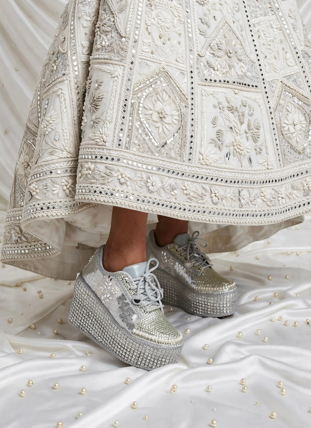 Silver Rhinestone Magic - Bridal Platform Sneakers | Silver Wedge Sneakers for Engagement or Sangeet