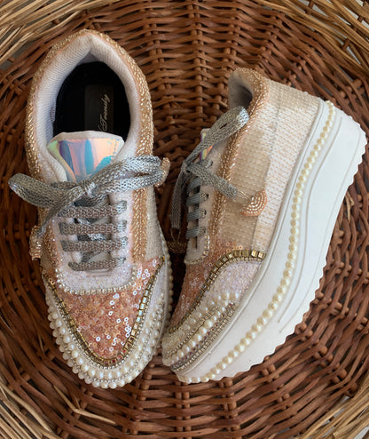 FUNKY N TRENDY tan peach with rose gold hand work sneakers for brides / bridesmaids/ rose gold sneakers / rose gold shoes