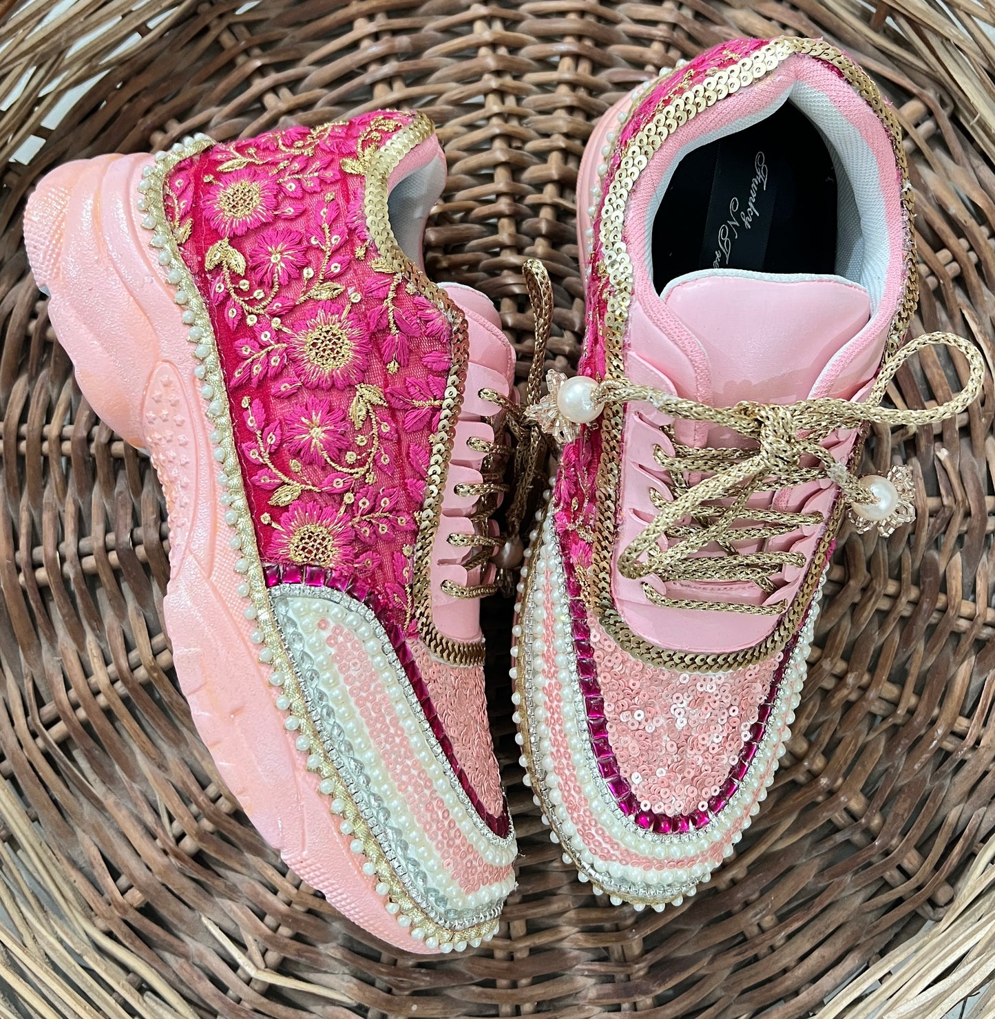 FUNKY N TRENDY peach/pink / pink embroidery sneakers with pearls detailing for brides / bridesmaids with custom couple name initials/ pink shoes / peach shoes/ rani color sneakers