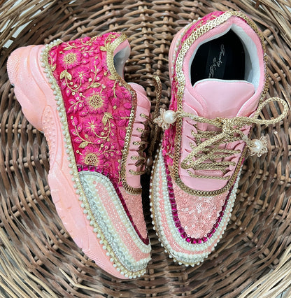 FUNKY N TRENDY peach/pink / pink embroidery sneakers with pearls detailing for brides / bridesmaids with custom couple name initials/ pink shoes / peach shoes/ rani color sneakers
