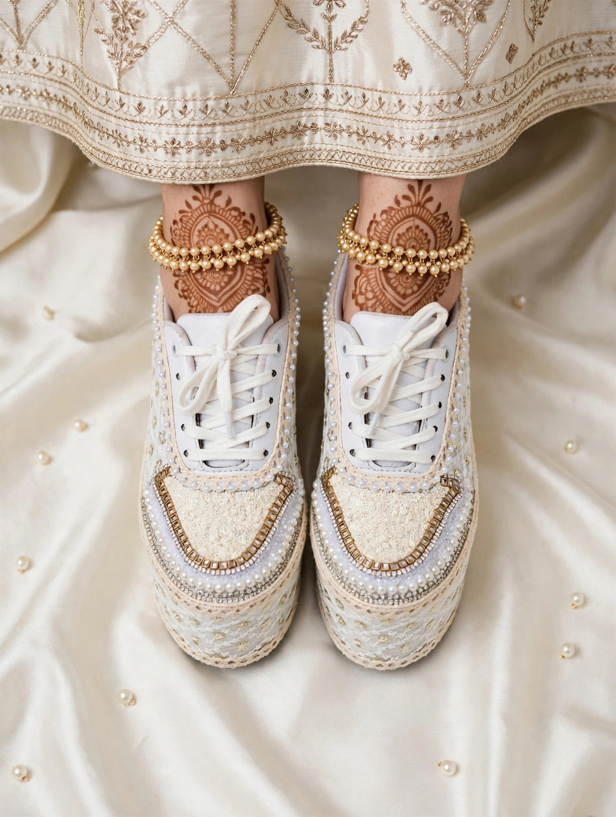 Handcrafted Bridal Sneakers for Brides – Wedding Shoes | Funky N Trendy | Ivory wedges | ivory sneakers