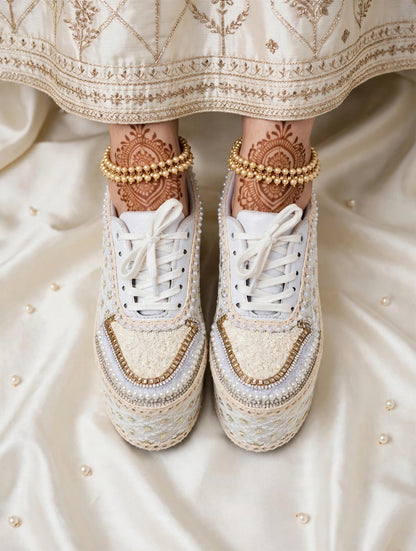 Handcrafted Bridal Sneakers for Brides – Wedding Shoes | Funky N Trendy | Ivory wedges | ivory sneakers