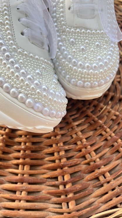 Funky N Trendy white pearl hand work sneakers / bridal sneakers/ sneaker for bride / white sneakers/ pearl sneakers for bride/ bridesmaid sneakers / pearls sneakers
