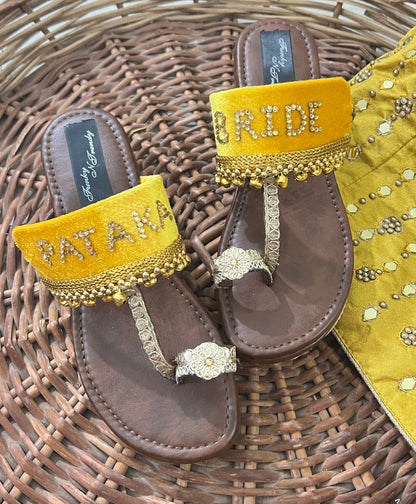 FUNKY N TRENDY Pataka Dulhan Heel Kolhapuri/ pataka dulhan heels/ yellow heels/ yellow kolhapuris/ heels for haldi ceremony/ haldi footwear