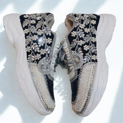 FUNKY N TRENDY Nevy blue and Silver hand work sneakers for brides / bridesmaids/ boho sneakers / blue sneakers / nevy blue shoes