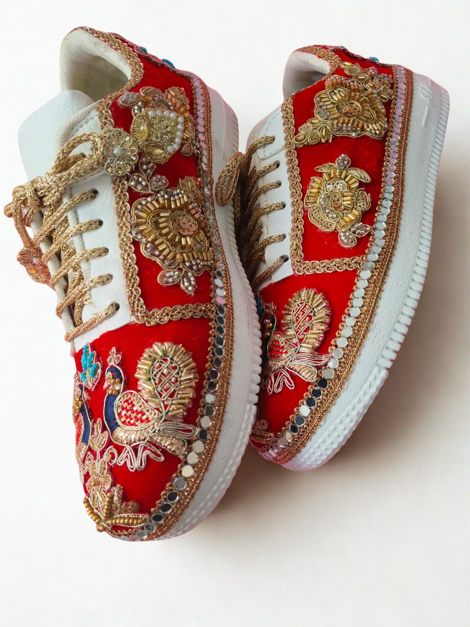 Funky N Trendy Peacock Magic Red Bridal Sneakers – Dance-Ready & Personalised