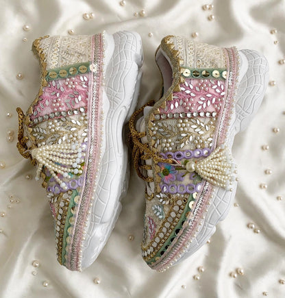 FUNKY N TRENDY hand crafted pastel bridal sneakers / gold sneakers / pastel sneakers / embroidery sneakers / sneakers for bride