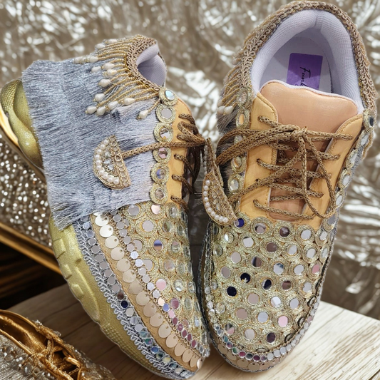 FUNKY N TRENDY dual theme gold silver sneakers for brides / silver sneakers for bridesmaids/ handcrafted sneakers/ golden sneakers / bridal sneakers / bridesmaid sneakers/ golden hand work sneakers