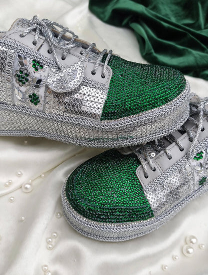 Silver Green Rhinestone Magic - Bridal Platform Sneakers | Silver Wedge Sneakers for Engagement or Sangeet