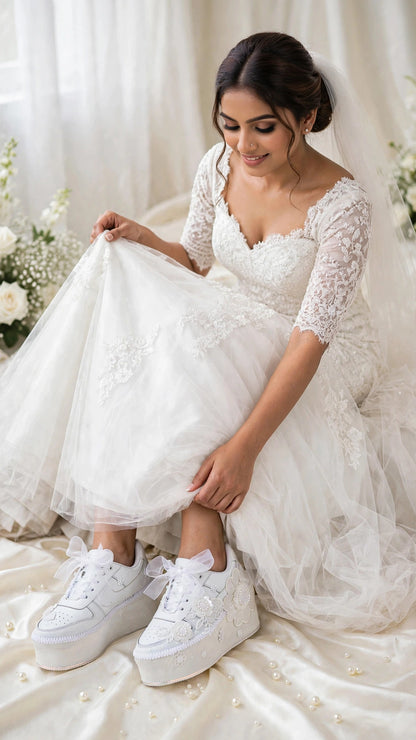 Customized Bridal Sneakers with Name initials / wedding date– Wedding Shoes for Bride/ white sneakers