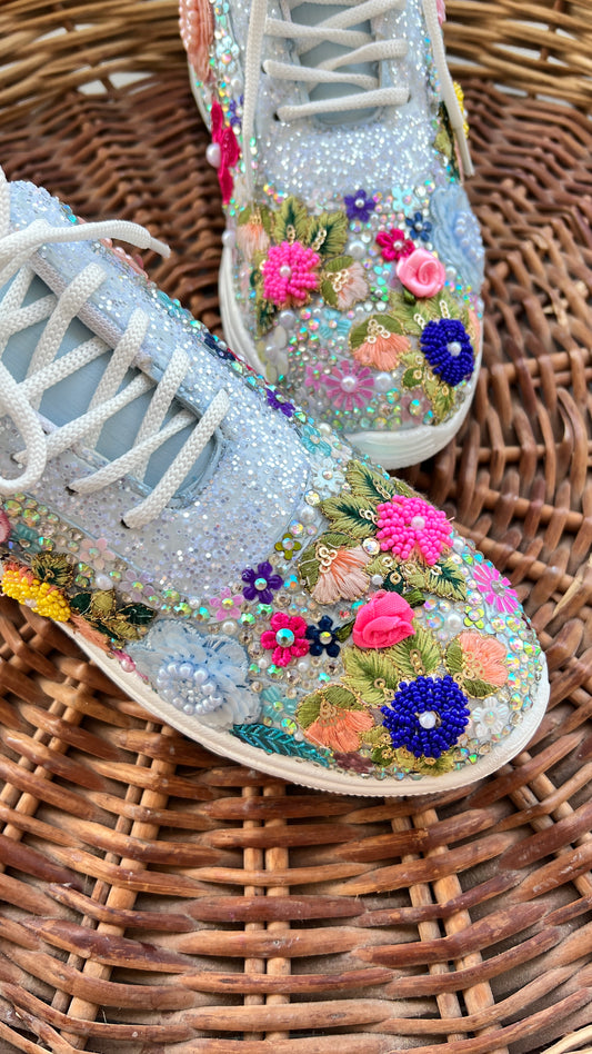 FUNKY N TRENDY Sky Blue Floral Bridal Sneakers – Handcrafted & Unique