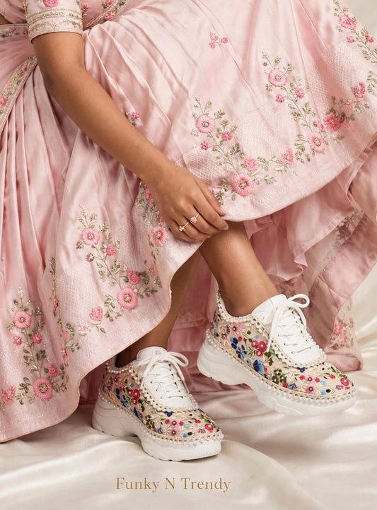 Blossom Bloom Hand Embroidered Threadwork Sneakers with Pearl border
