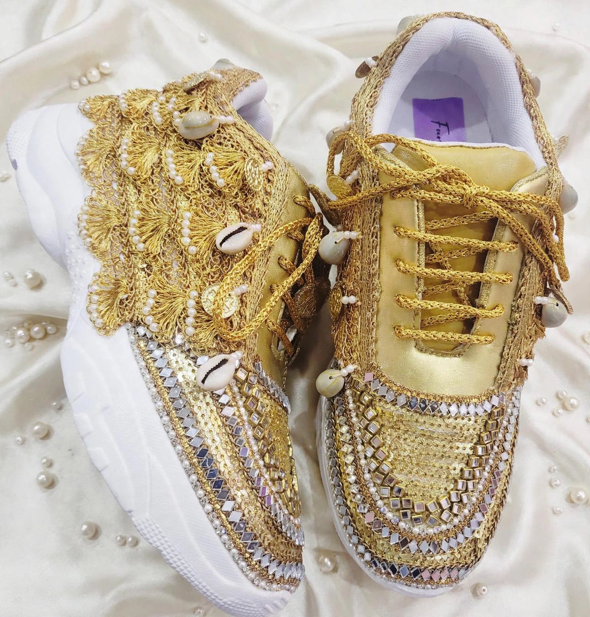 FUNKY N TRENDY gold sneakers for brides / gold sneakers for bridesmaids/ gold sneakers / bridal sneakers / bridesmaid sneakers/ golden hand work sneakers / gold sneakers / embroidered sneakers