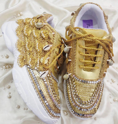 FUNKY N TRENDY gold sneakers for brides / gold sneakers for bridesmaids/ gold sneakers / bridal sneakers / bridesmaid sneakers/ golden hand work sneakers / gold sneakers / embroidered sneakers