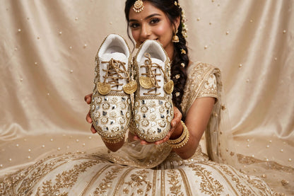 Mirror leaves Pearl blossom Dull gold/ beige Bridal Sneakers – Floral Embroidery” / gold sneakers /ivory sneakers/peach sneakers