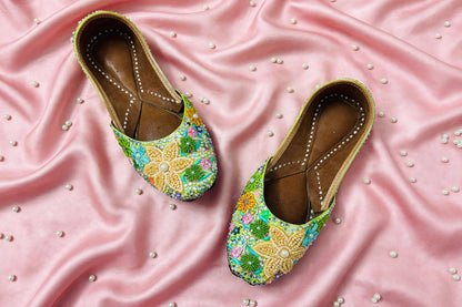FUNKY N TRENDY “Green Pastel Garden Handcrafted Juttis – Floral Magic” - Green Carnival juttis