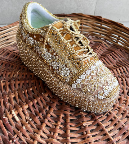 FUNKY N TRENDY Gold Heavy Embroidered bridal sneakers - wedge sneakers heeled sneakers/ golden sneakers