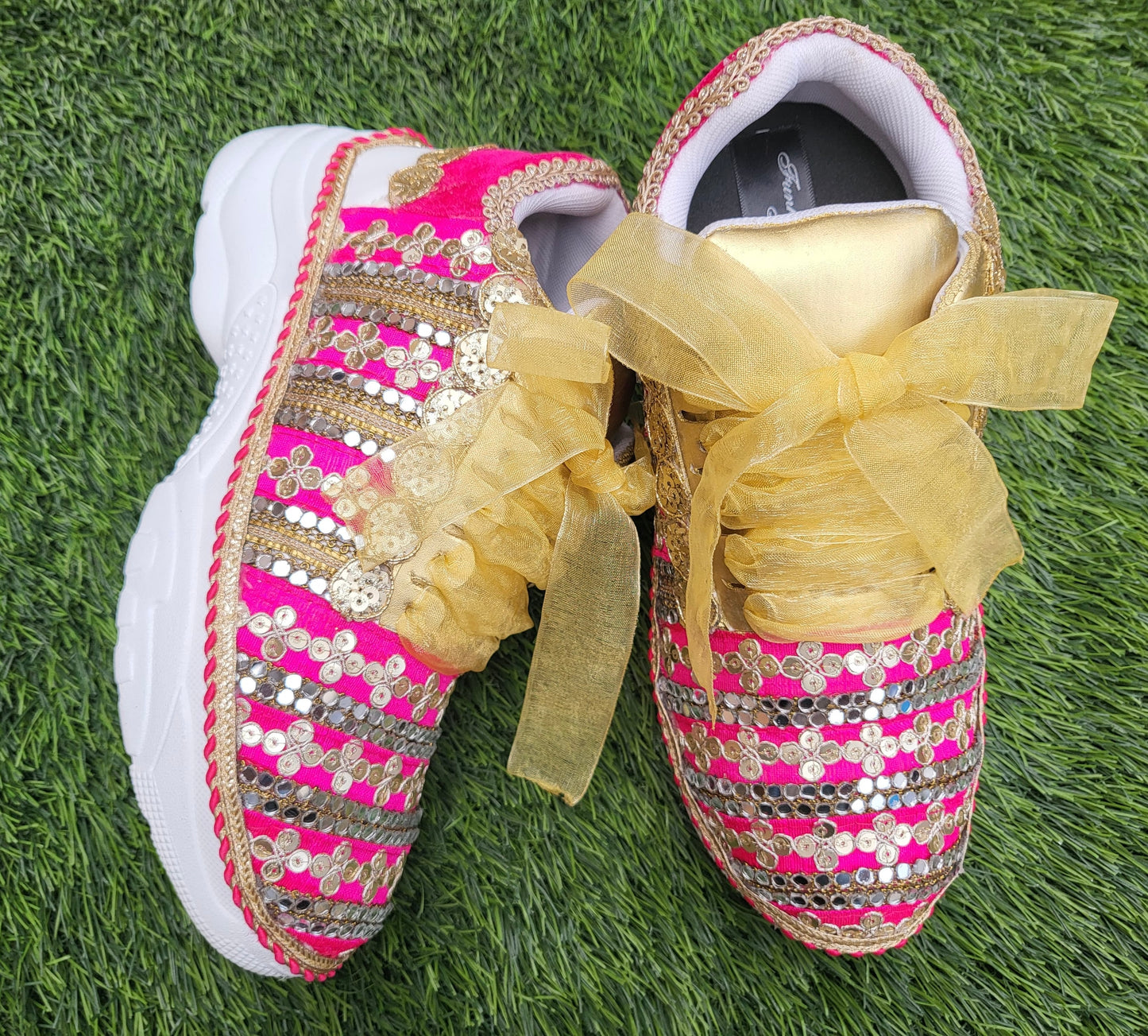 Funky N Trendy Hot pink zari work with mirror detailing bridal sneakers/ bridesmaid sneaker / golden sneakers/ hot pink sneakers / pink shoes for bride/ rani pink sneakers