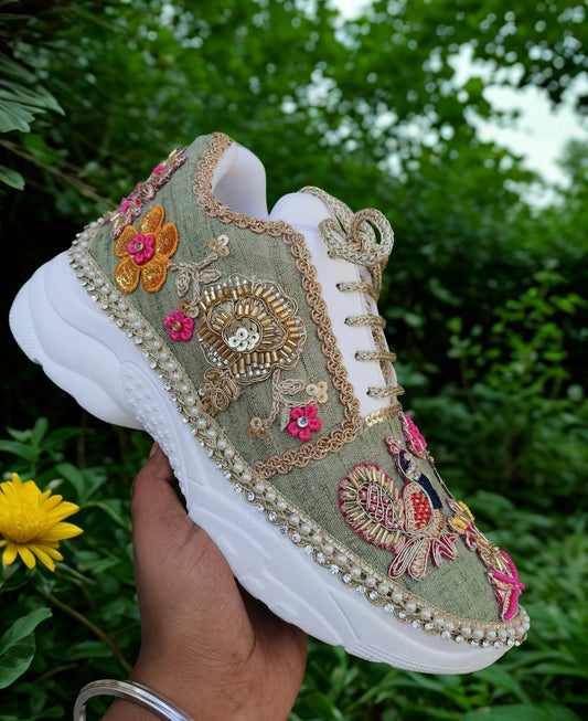 “Peacock Green Bridal Sneakers – Floral Embroidery”