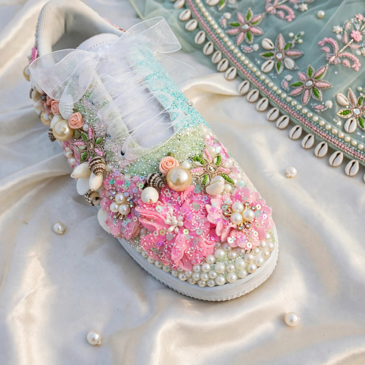 Mermaid Beach Bridal Sneakers - Shell Pearl Wedding Sneakers | Funky N Trendy| Pink & Blue Sneakers