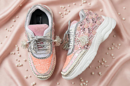 FUNKY N TRENDY peach/pink / pink embroidery sneakers with pearls detailing for brides / bridesmaid sneakers/ pink shoes / peach shoes/ bridal sneakers