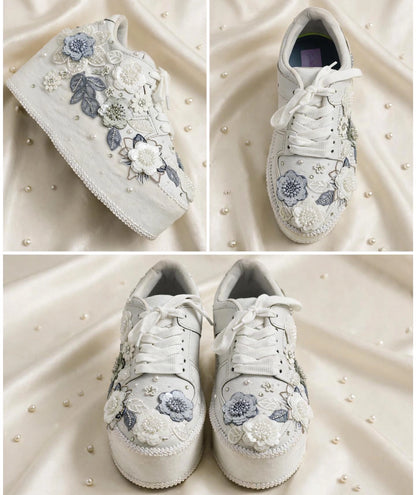 Customized White and Gray garden Bridal Sneakers with Name initials / wedding date– Wedding Shoes for Bride/ white sneakers