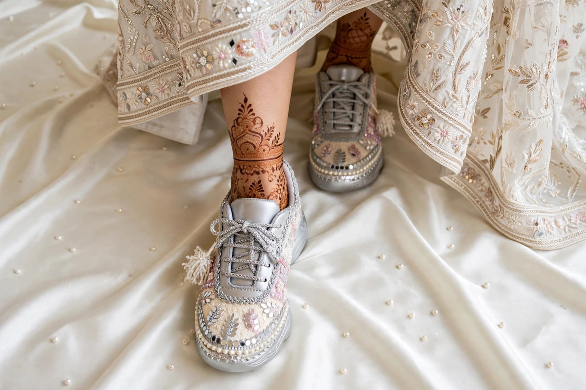 Ivory Blossom - Pearl & Mirror Work Lavender Silver Bridal Sneakers with Latkans