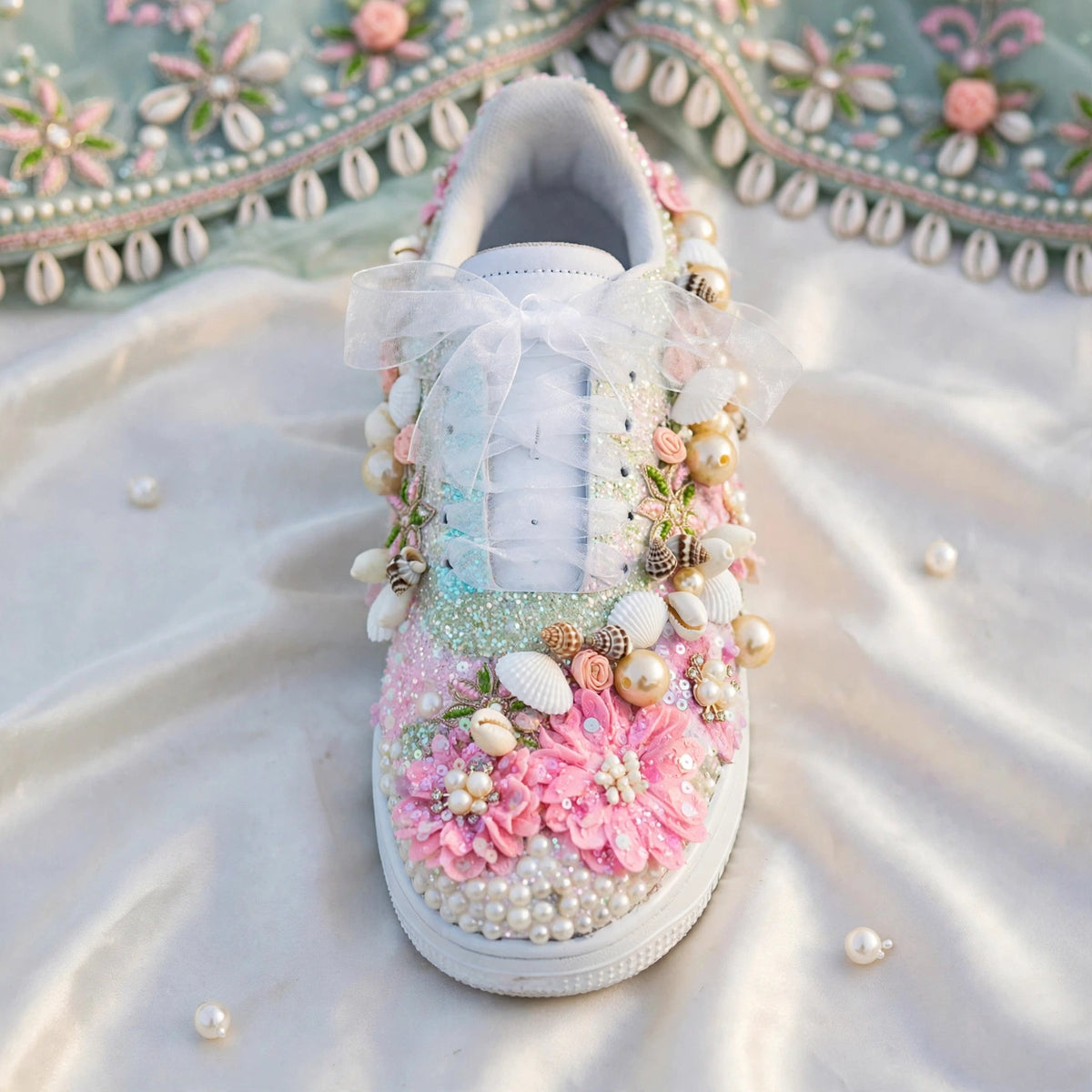Mermaid Beach Bridal Sneakers - Shell Pearl Wedding Sneakers | Funky N Trendy| Pink & Blue Sneakers