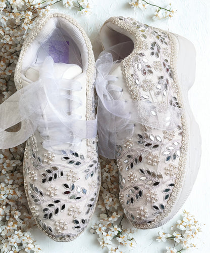 Funky N Trendy white pearl hand work sneakers / bridal sneakers/ sneaker for bride / white sneakers/ pearl sneakers for bride/ bridesmaid sneakers / pearls sneakers / mirror sneakers / white shoes