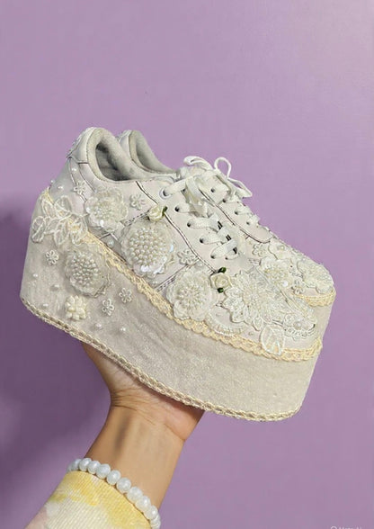 FUNKY N TRENDY Hand embroidered floral theme sneakers - wedge sneakers heeled sneakers/ white sneakers
