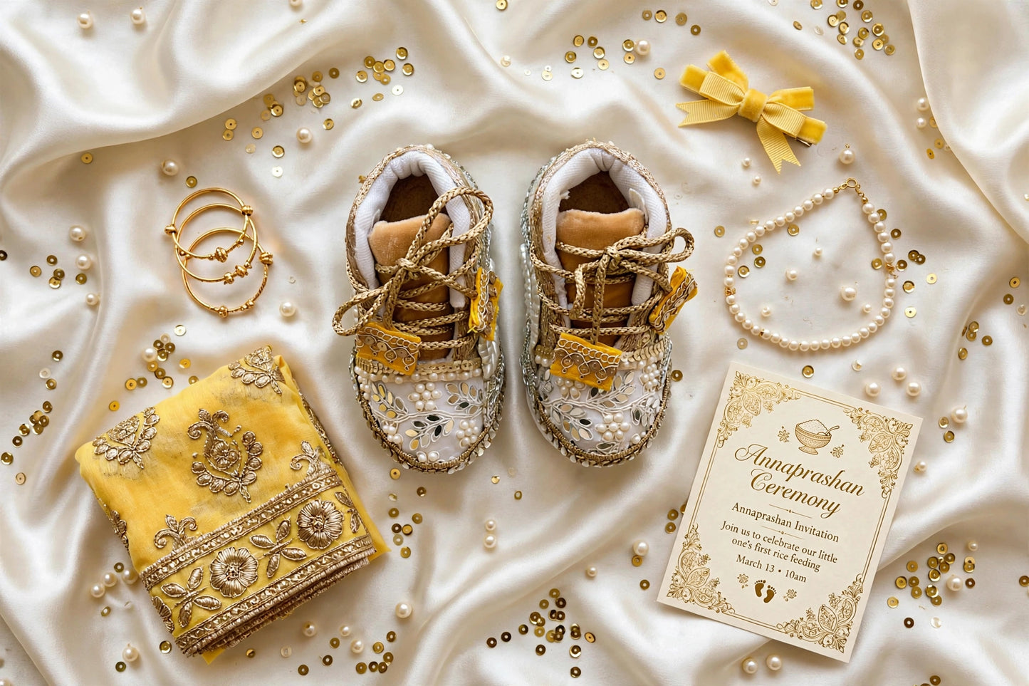 Aaira - Ivory & Gold Baby Girl Ethnic Sneakers | Pearl & Mirror Work First Birthday Shoes