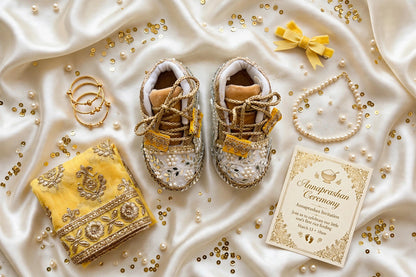Aaira - Ivory & Gold Baby Girl Ethnic Sneakers | Pearl & Mirror Work First Birthday Shoes