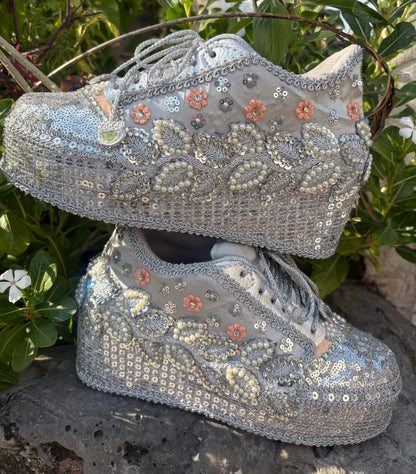 FUNKY N TRENDY Silver Mirror sequine work sneakers - wedge sneakers heeled sneakers/ silver sneakers