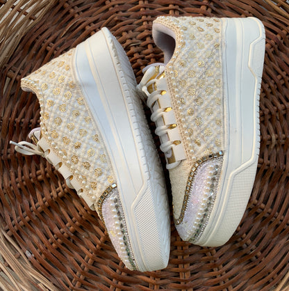 FUNKY N TRENDY ivory minimalistic sneakers with pearl detailing for brides /bridesmaids / sneakers for bridesmaids/ handcrafted sneakers/ sequine sneakers / bridal sneakers / bridesmaid sneakers/ ivory sneakers / minimal shoes
