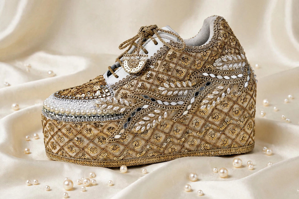 FUNKY N TRENDY Gold bridal sneakers - wedge sneakers heeled sneakers/ golden sneakers