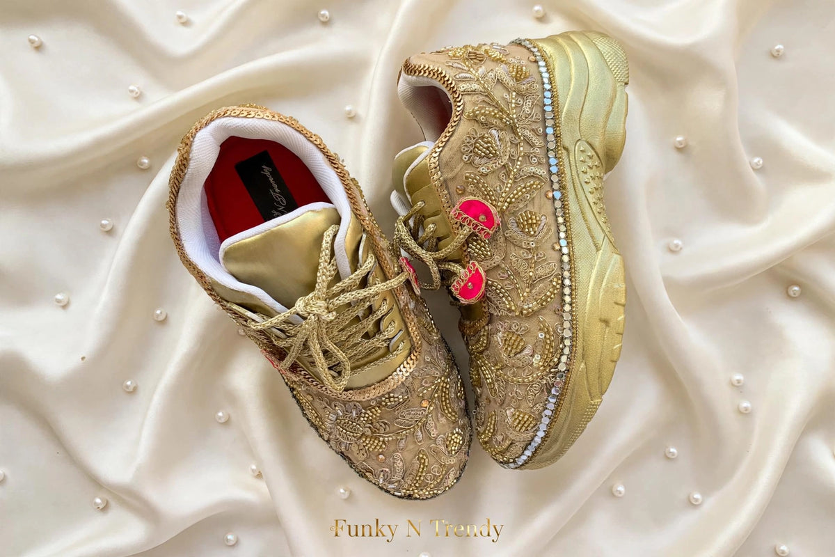 Funky N Trendy hand crafted golden bridal sneakers bridesmaid sneakers/ gold sneakers / golden sneakers / golden embroidery sneakers with tint of hot pink tassels