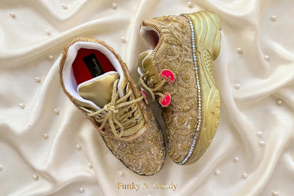 Funky N Trendy hand crafted golden bridal sneakers bridesmaid sneakers/ gold sneakers / golden sneakers / golden embroidery sneakers with tint of hot pink tassels