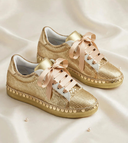 FUNKY N TRENDY handcrafted golden sequine work bridal sneakers / bridesmaid sneakers/ gold sneakers / golden sneakers / sequine work sneakers