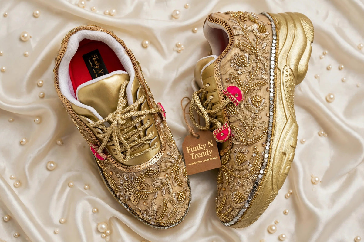 Funky N Trendy hand crafted golden bridal sneakers bridesmaid sneakers/ gold sneakers / golden sneakers / golden embroidery sneakers with tint of hot pink tassels
