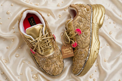 Funky N Trendy hand crafted golden bridal sneakers bridesmaid sneakers/ gold sneakers / golden sneakers / golden embroidery sneakers with tint of hot pink tassels