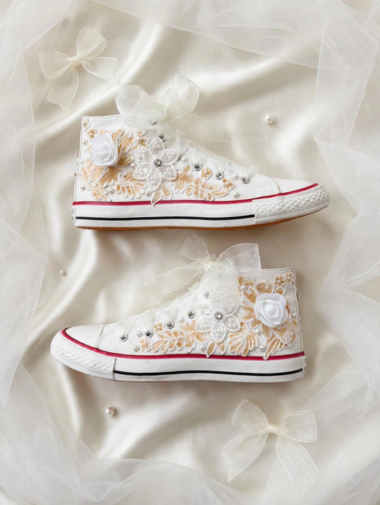 Customized Bridal Sneakers with Name initials / wedding date– Wedding Shoes for Bride/ white floral sneakers