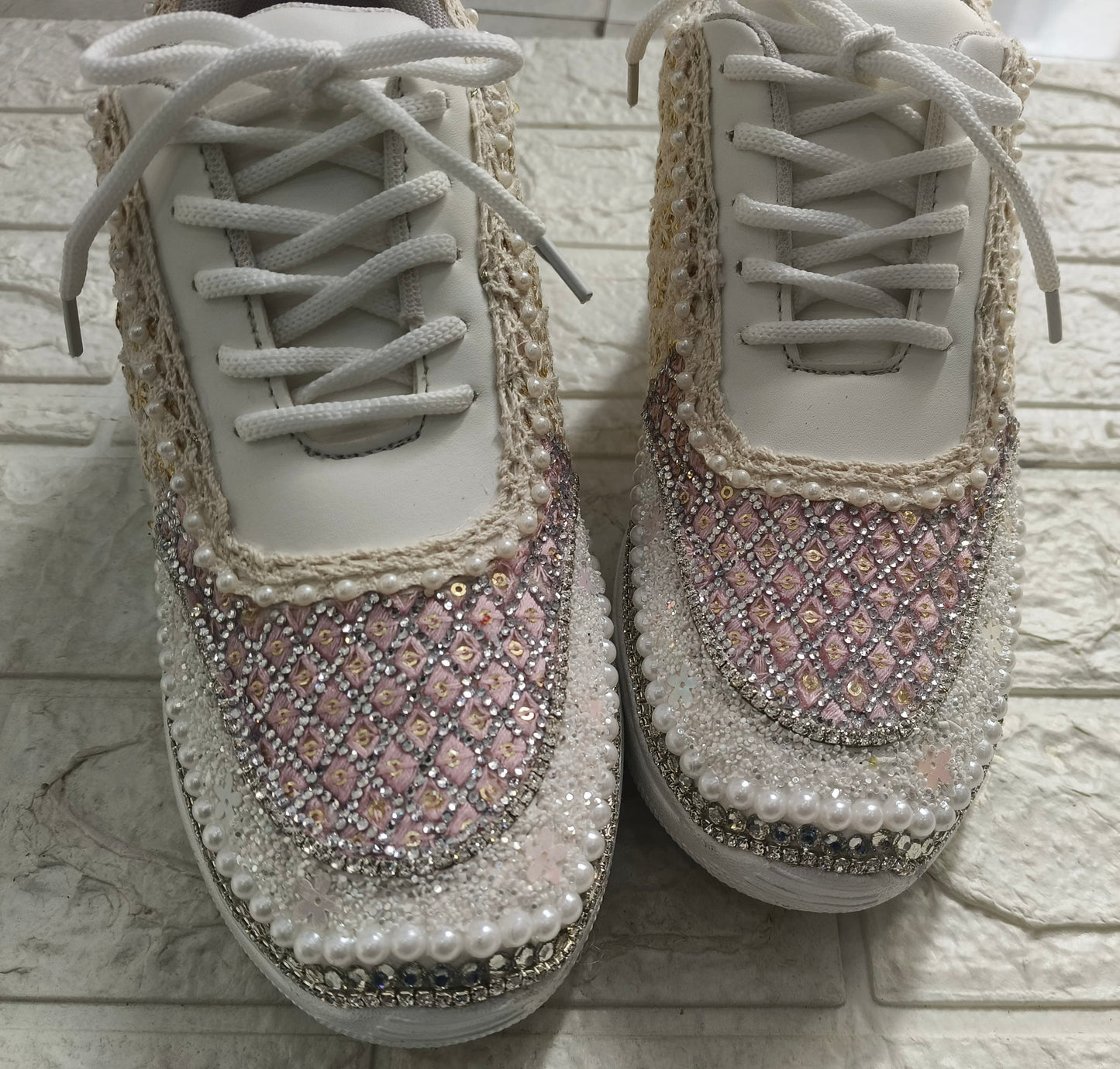 Funky N Trendy ivory and pink embroidery work bridal sneakers/ bridesmaid sneaker / golden sneakers/ pink sneakers / sequine work sneakers/ pink shoes/ silver golden sneakers